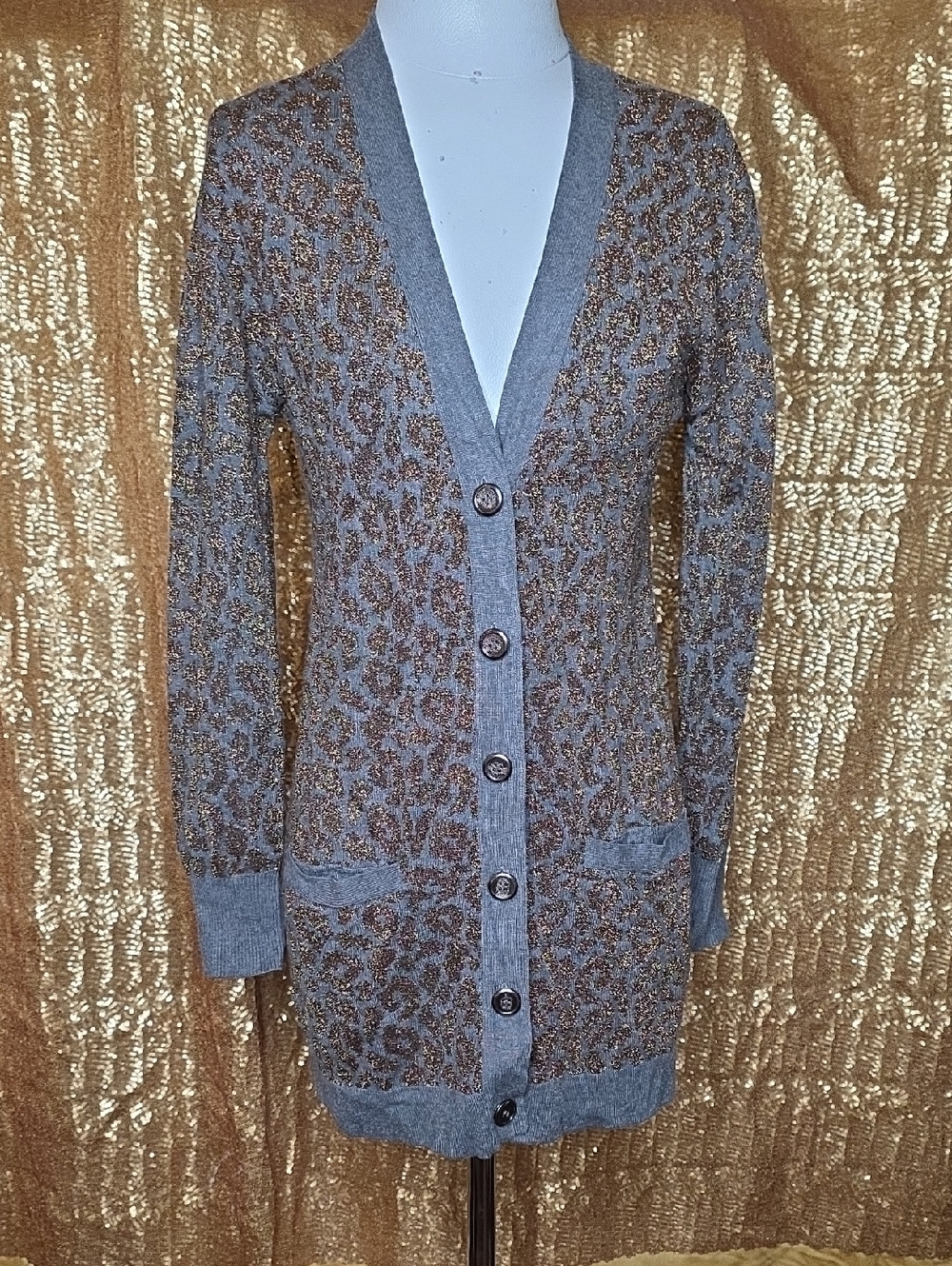 Arden B Gray Cardigan with Metallic Brown Leopard Accents